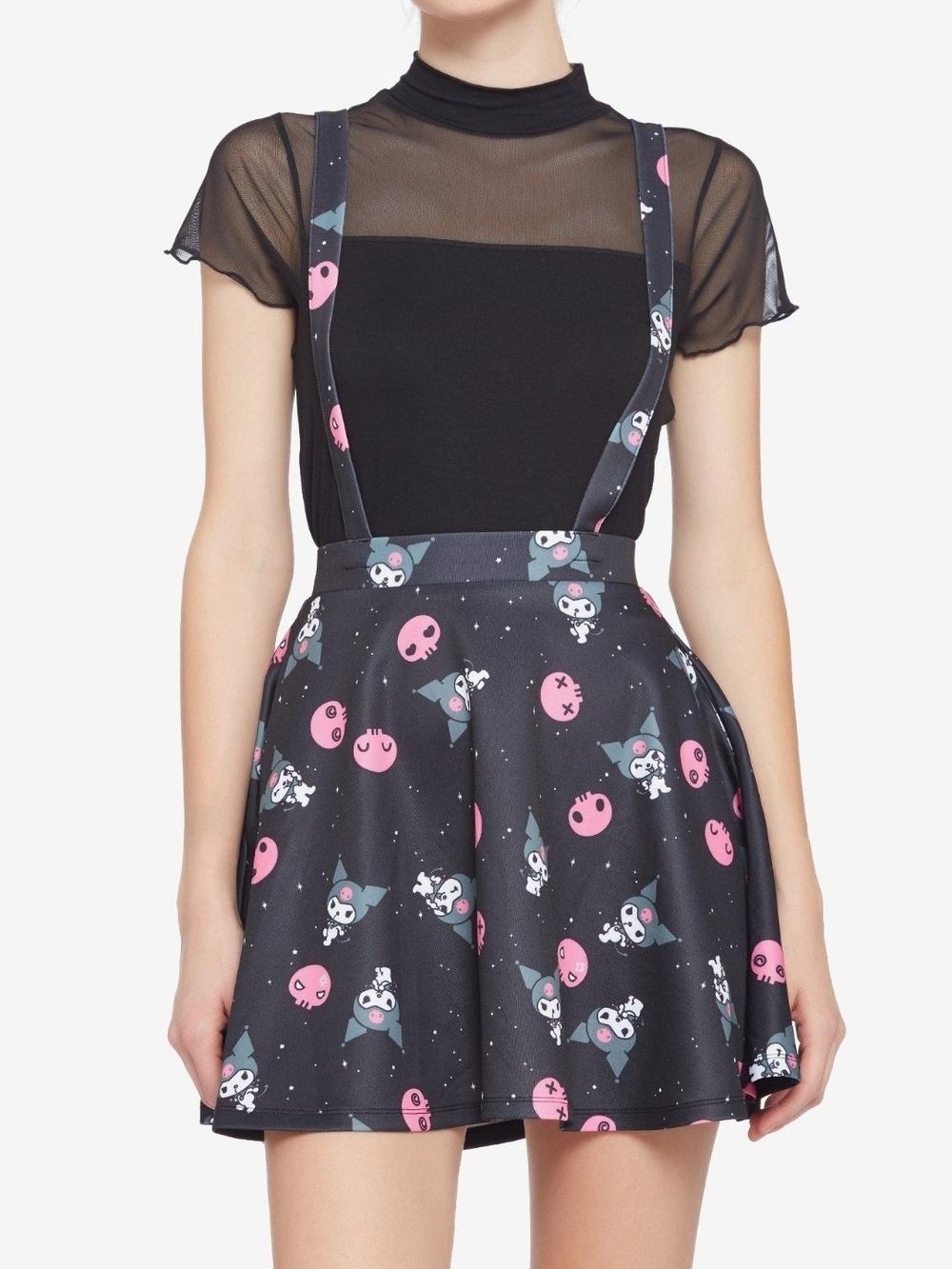 Hot Topic Black Skater Skirt with Pink & Teal Character Print